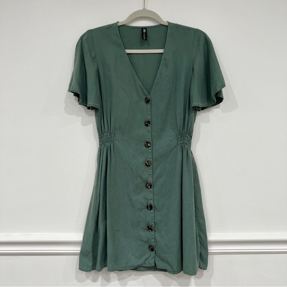ZARA Green V-neck Button Up Dress